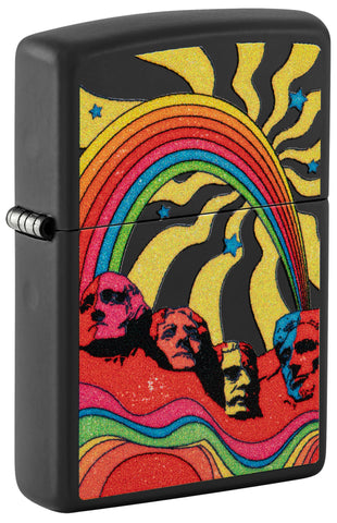 Front shot of ˫ Hippie Mt Rushmore Design Black Matte Windproof Lighter standing at a 3/4 angle.